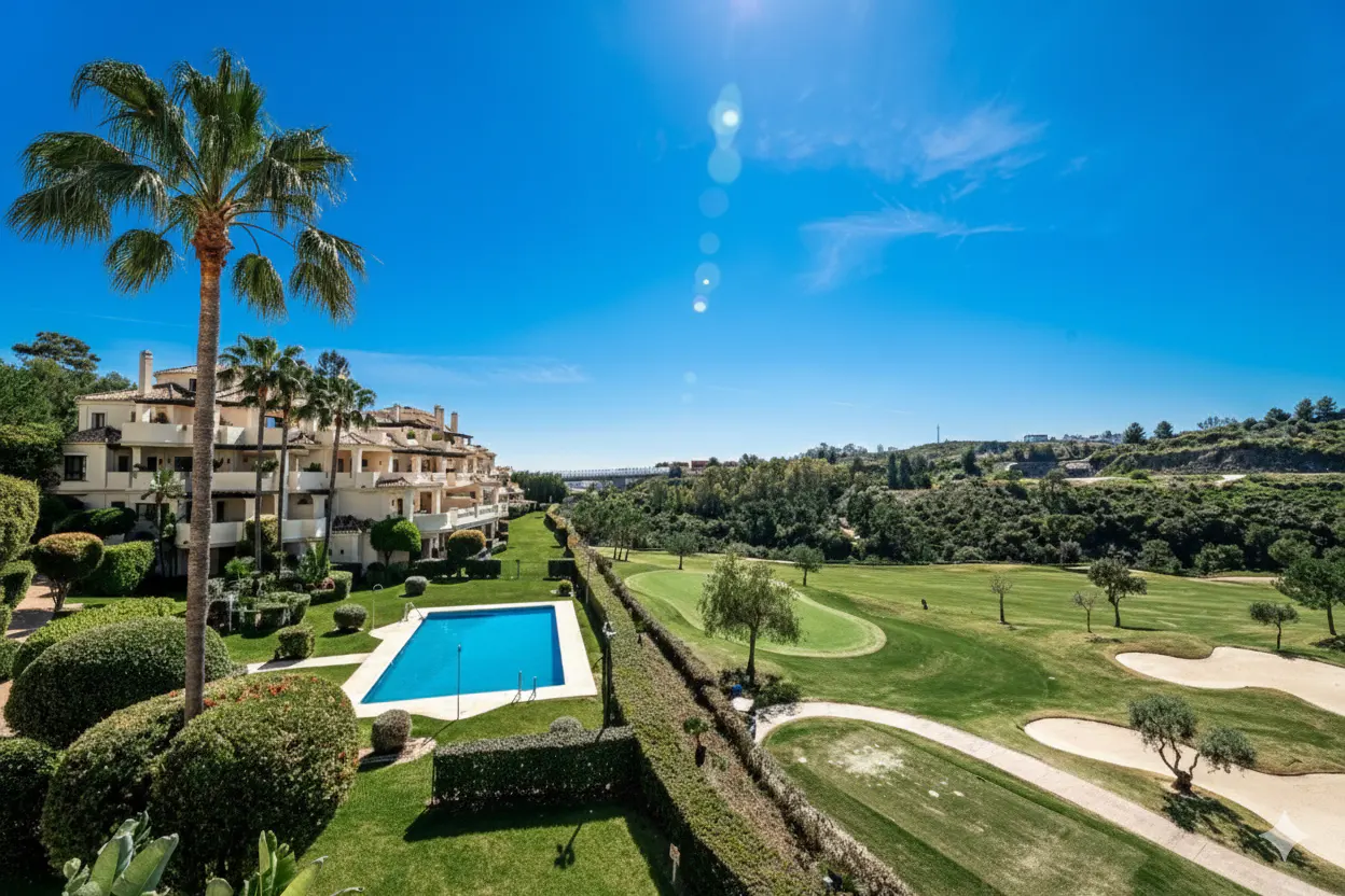 View of a beige apartment complex with a pool and golf course under a clear blue sky. Palm trees are visible.