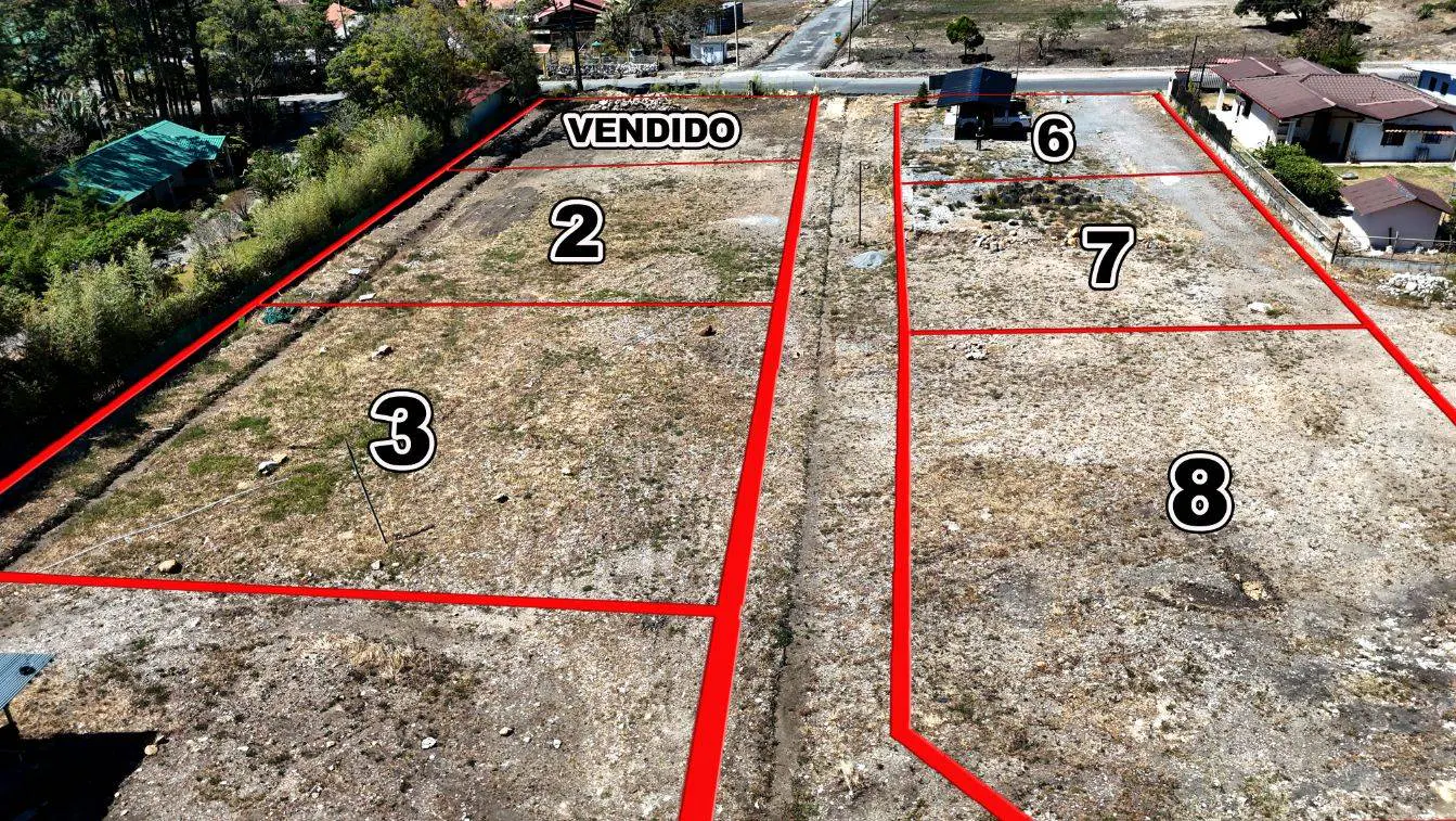 Aerial view of eight vacant lots marked with red lines, one labeled "Vendido," surrounded by trees and houses.