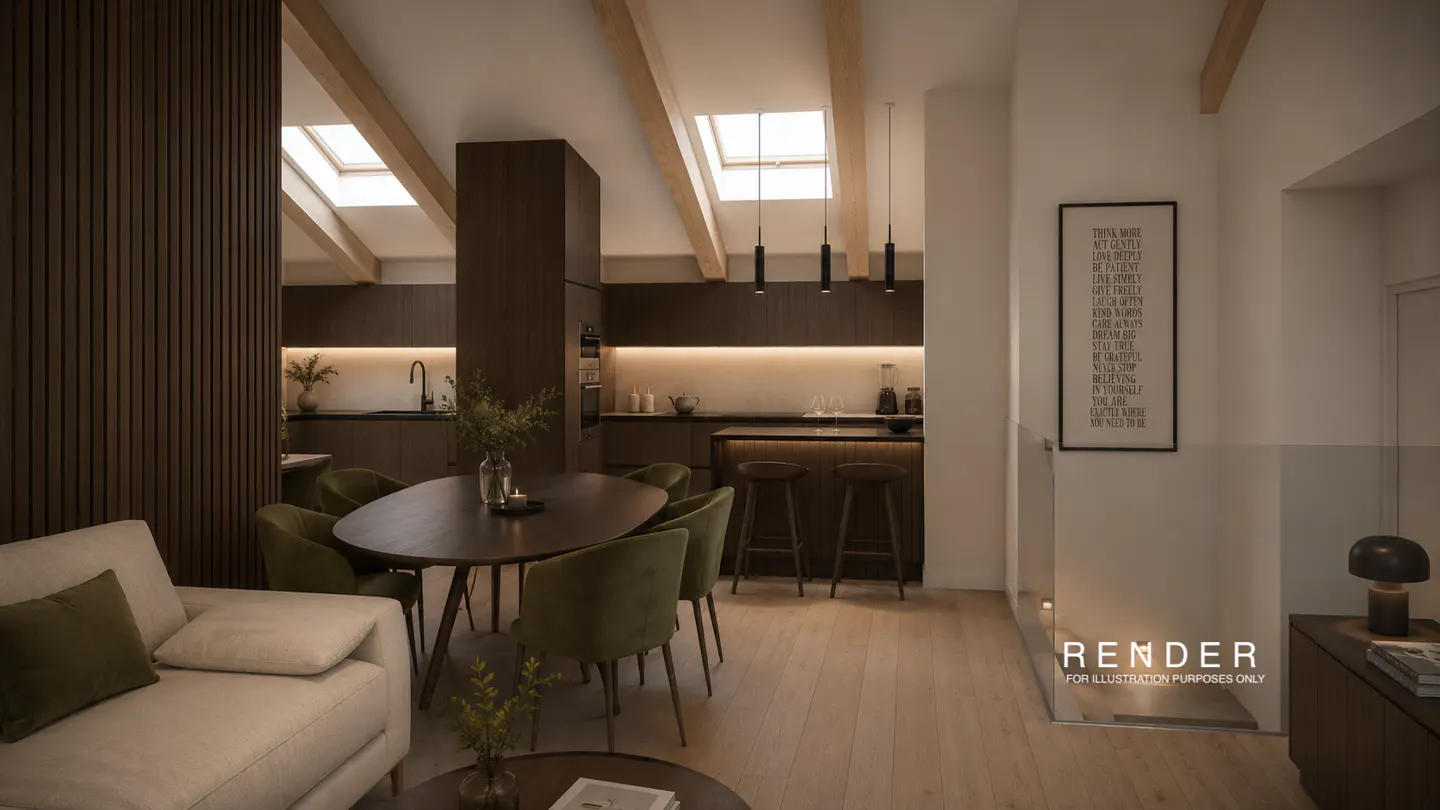 A modern, open-concept living space with a dark wood dining table, green chairs, and a cream sofa. The kitchen features dark cabinets and a breakfast bar. Skylights provide natural light.
