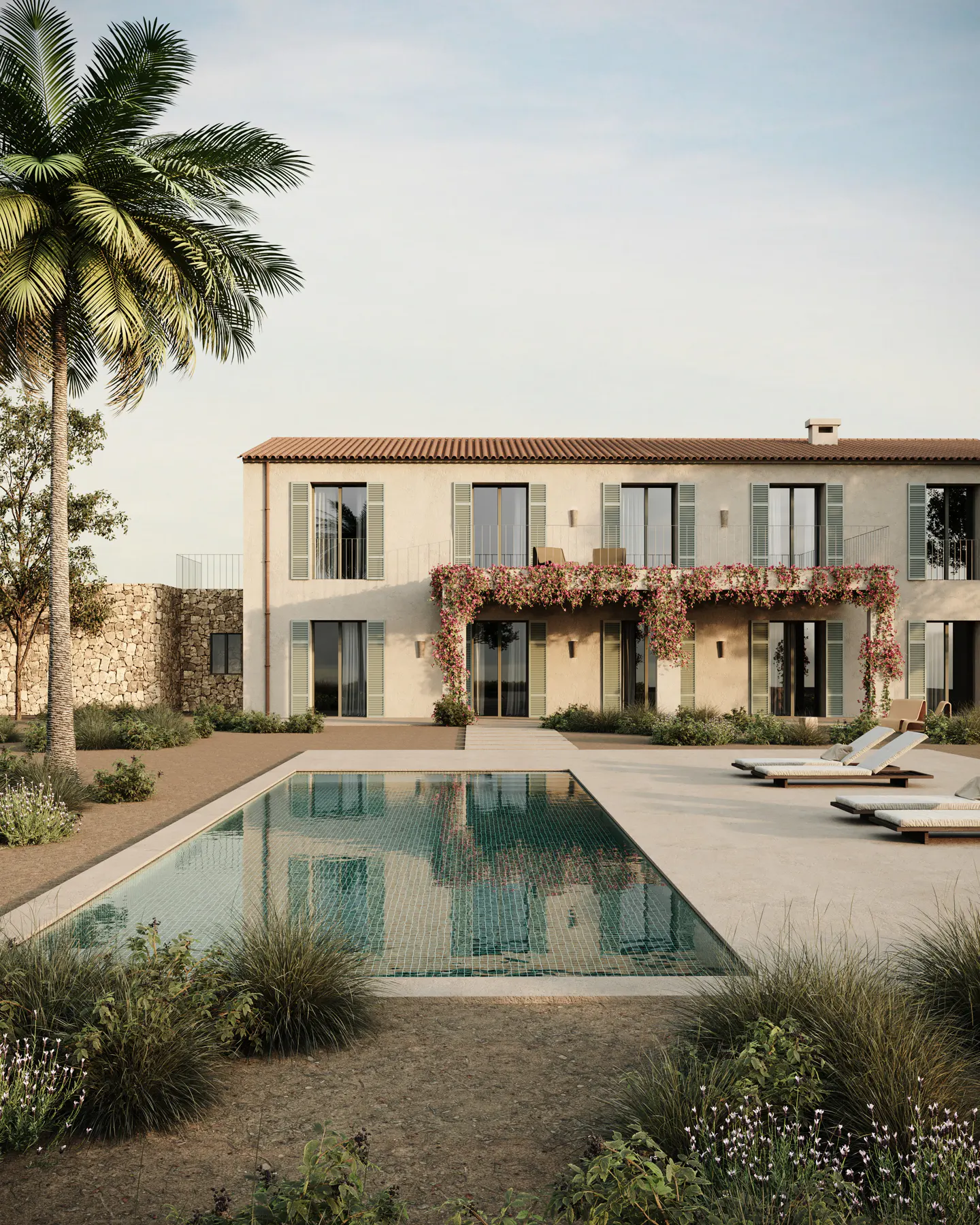 Luxury villa with a pool. Two-story building with light-colored walls, red tile roof, and green shutters. Palm tree on the left.