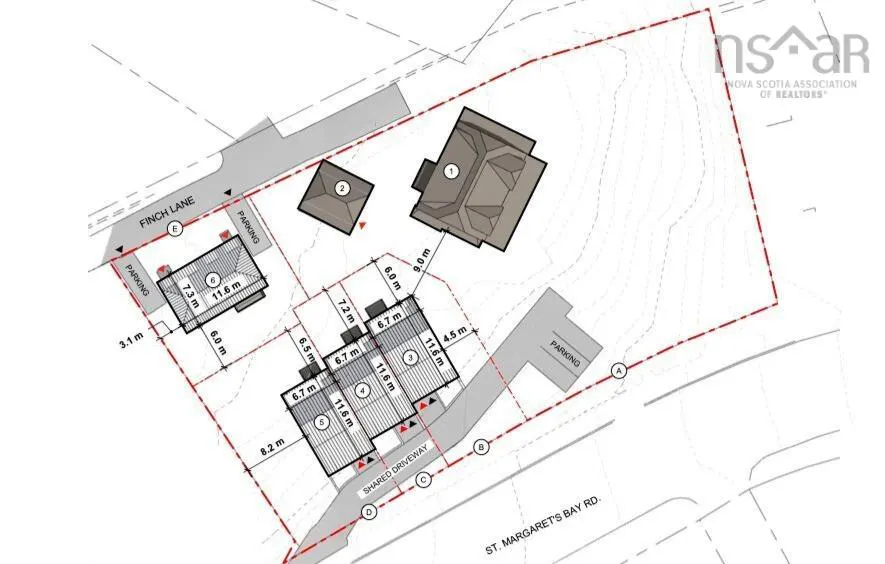 Site plan showing building footprints, parking, shared driveway, and property lines. Streets are labeled Finch Lane and St. Margaret's Bay Rd.