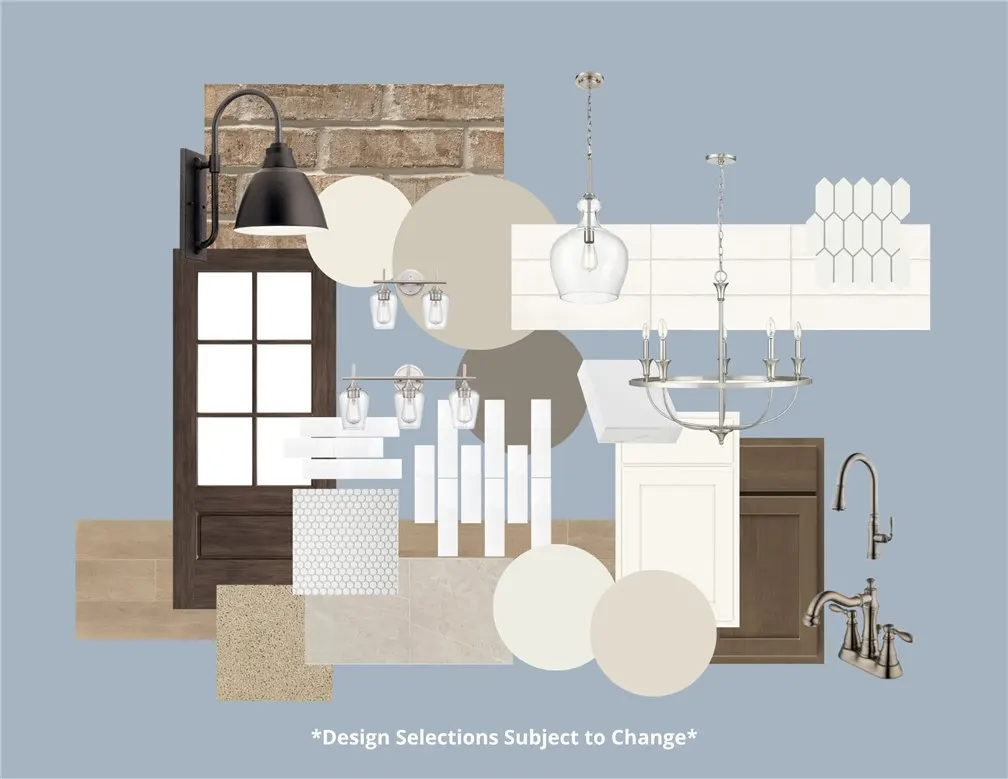 Interior design mood board featuring neutral paint swatches, light fixtures, tile samples, and cabinet finishes.