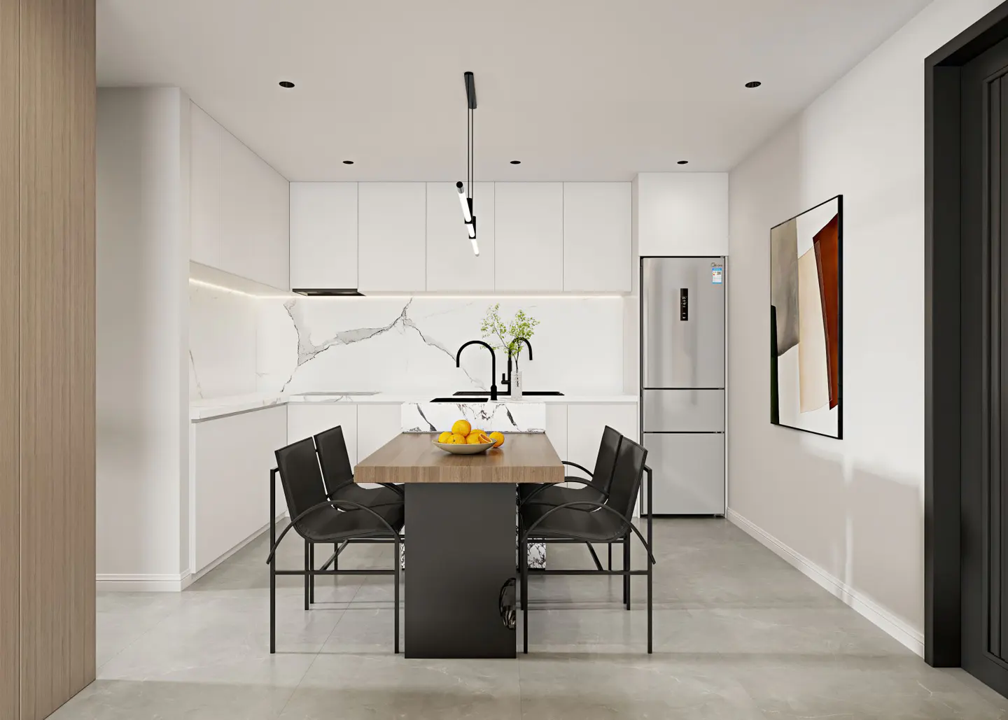 Bright kitchen with white cabinets, marble backsplash, stainless steel fridge, and a wood table with black chairs.