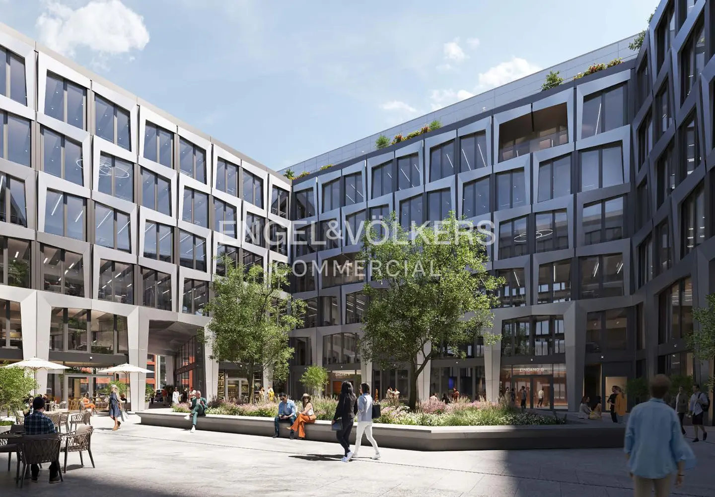 Modern office building with a central courtyard. People are sitting, walking, and eating outside. "Engel & Völkers Commercial" logo is visible.