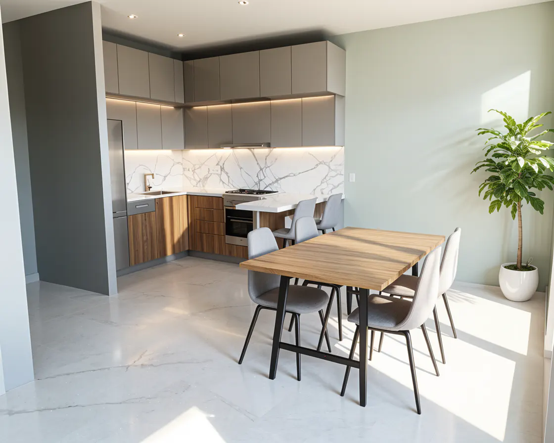 Modern kitchen and dining area with gray cabinets, wood accents, marble backsplash, and a light wood table with gray chairs. A potted plant sits near a window.