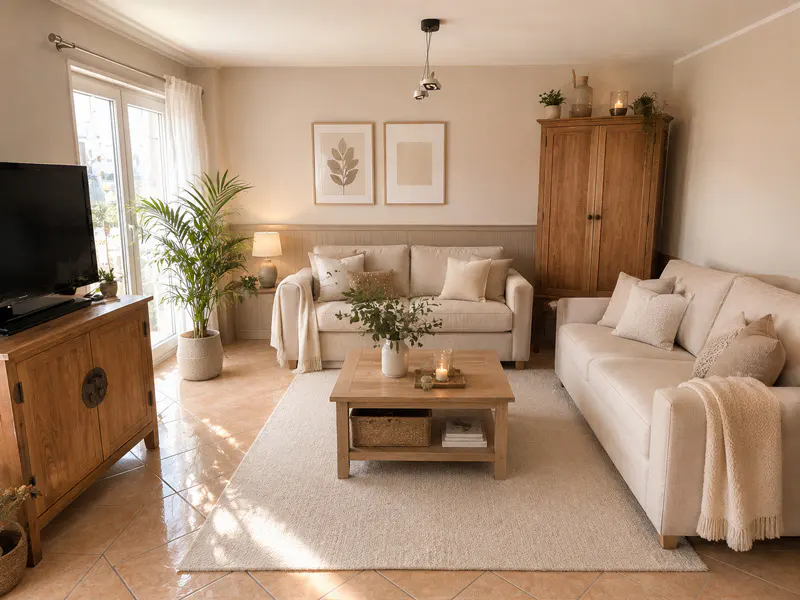 Living room with beige sofas, wood furniture, and a light rug on a tiled floor. Two framed prints hang above the sofa.
