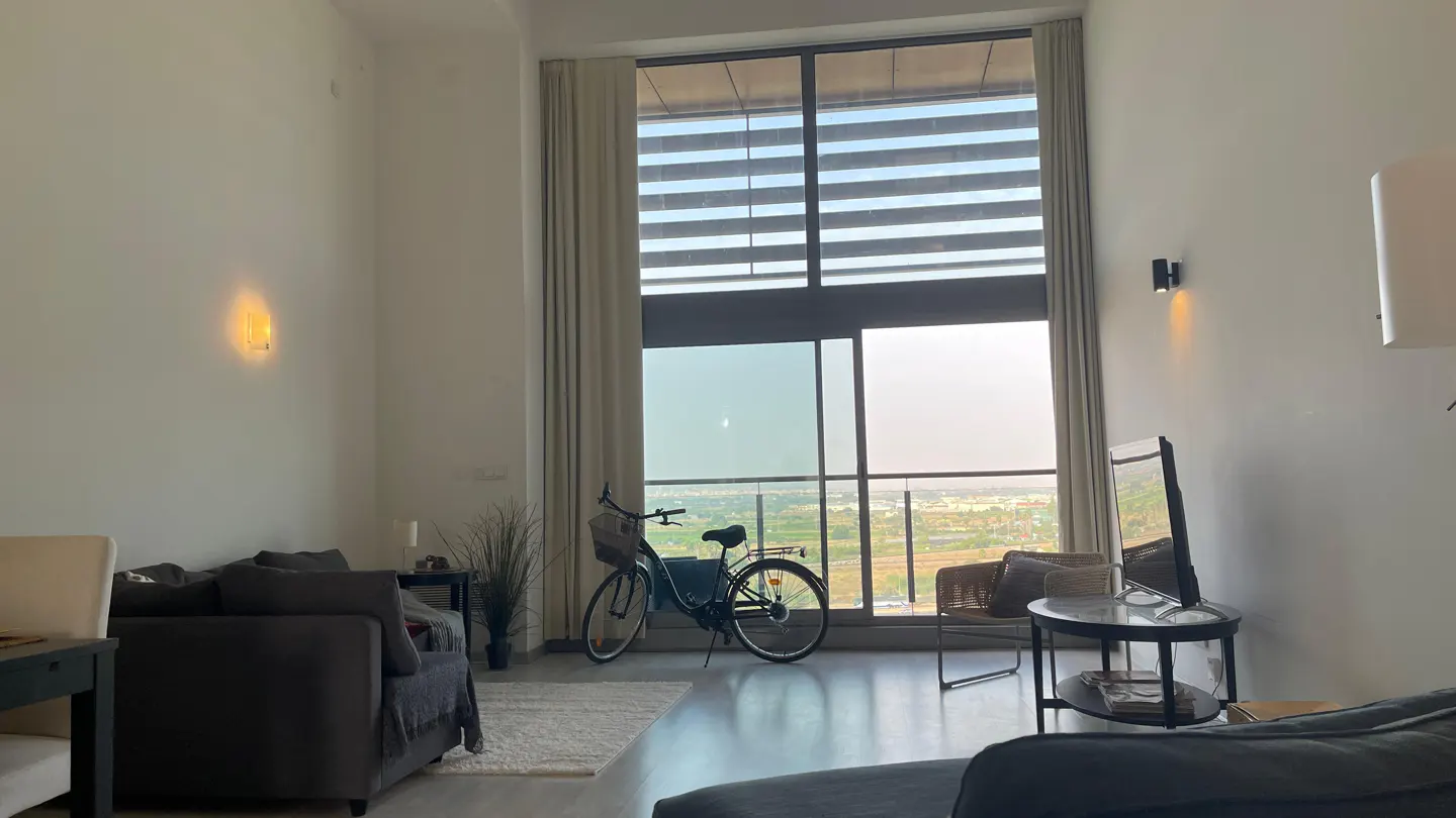 Bright living room with a bicycle near a large window overlooking a city. Gray sofas and a TV are also visible.