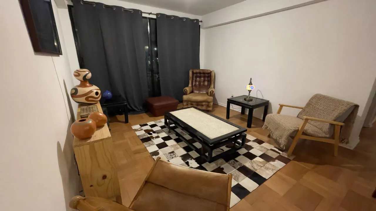 Living room with hardwood floors, a black and white rug, and various chairs. Gray curtains hang in front of a window. Vases are on a wooden shelf.