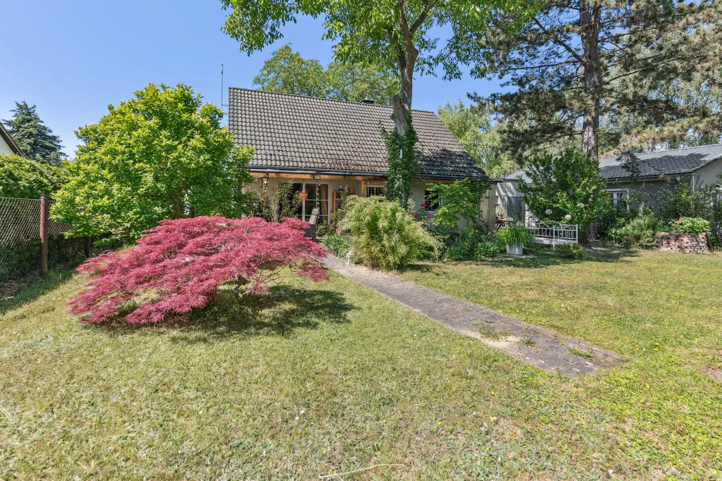 Exterior view of a one-story house with a gray tiled roof, surrounded by green trees and a red Japanese maple.