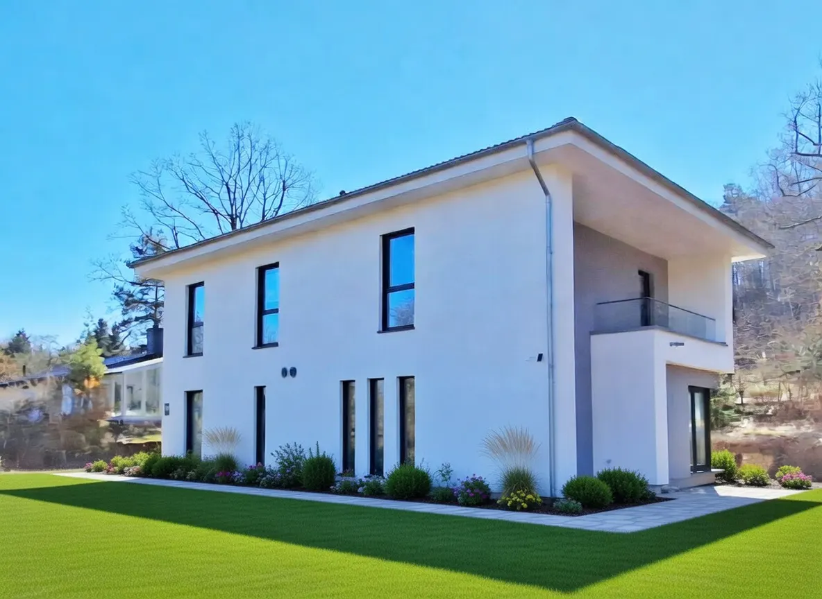 Two-story modern home with white stucco, black framed windows, and a small balcony. Green lawn and blue sky.