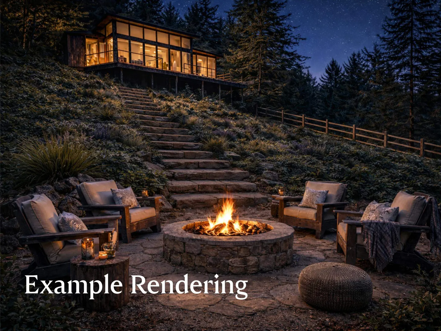 Outdoor stone fire pit with flames, surrounded by chairs, at the base of stone steps leading to a modern house on a hill.