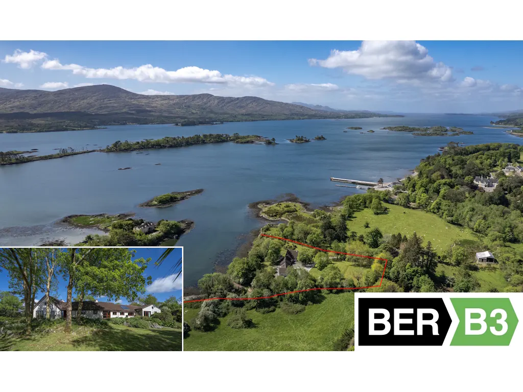 Aerial view of a property with a red boundary line, near a lake and mountains. BER B3 energy rating logo is visible. Inset shows a closer view of the house.