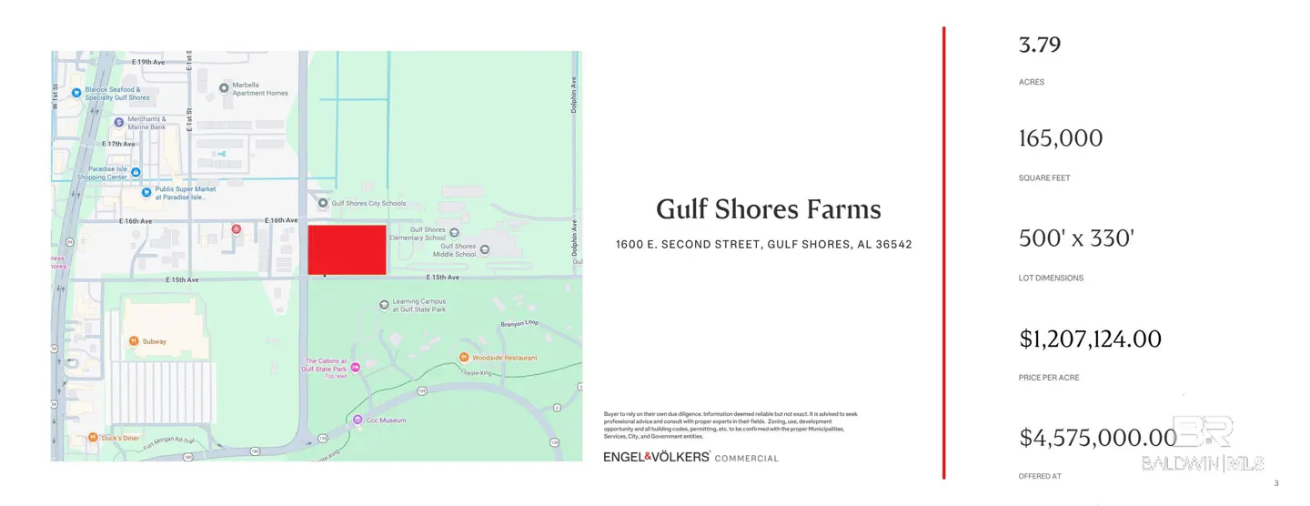 Map showing Gulf Shores Farms location, 1600 E. Second Street, Gulf Shores, AL. The property is highlighted in red.