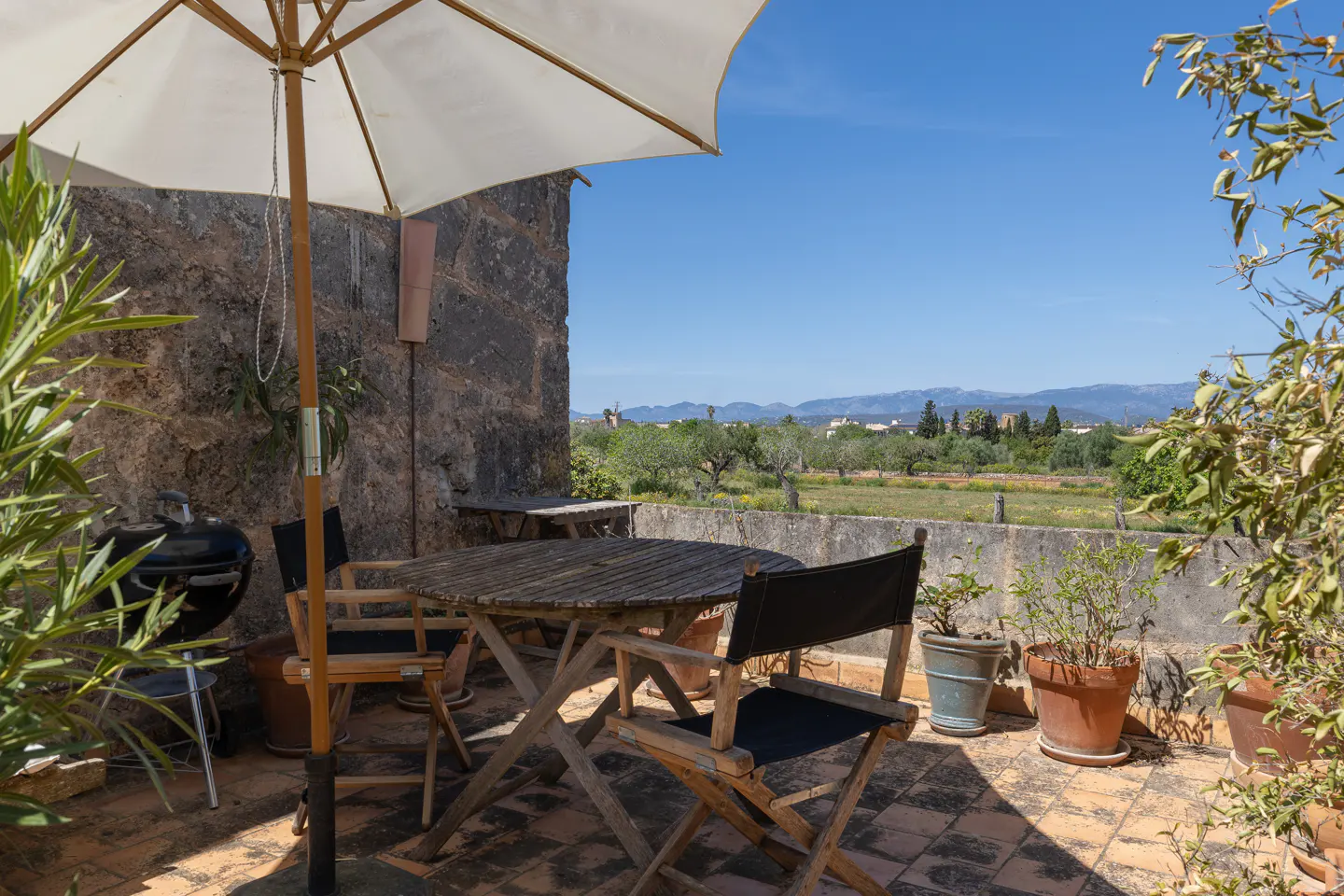Outdoor patio with a table, chairs, grill, and umbrella overlooking a green field and mountains.