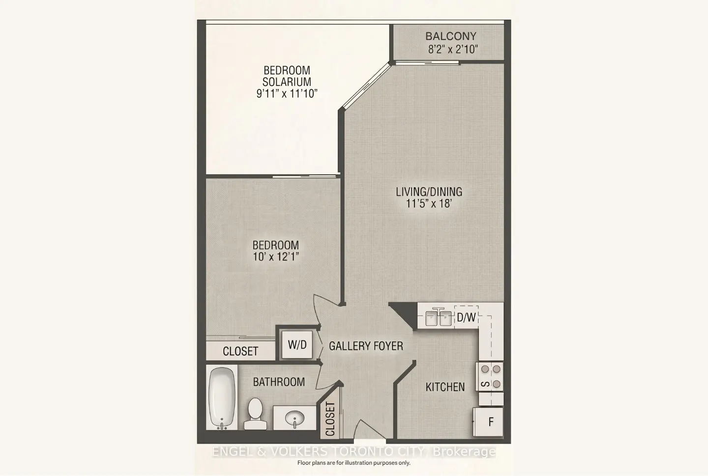 Floor plan of a condo featuring a bedroom, solarium, living/dining area, kitchen, bathroom, and balcony.