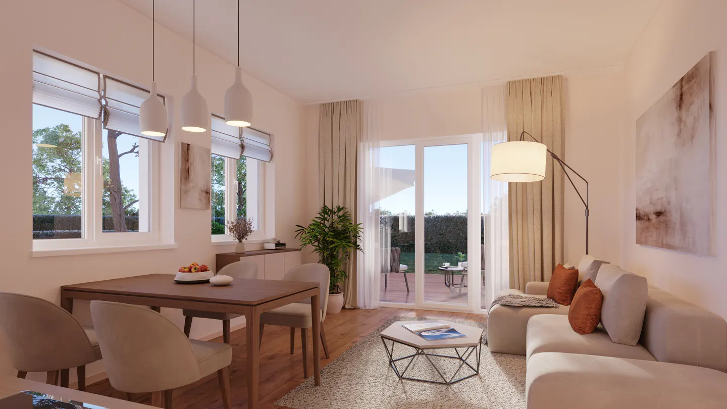 Bright living and dining area with a wood table, beige sofa, and sliding glass doors to a patio.