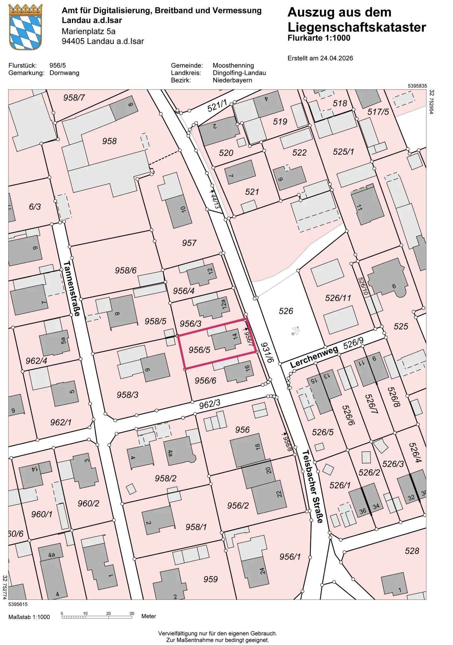 Map of land parcels with buildings, streets, and parcel numbers. Parcel 956/5 is outlined in red. Streets are named Tannenstraße and Lerchenweg.