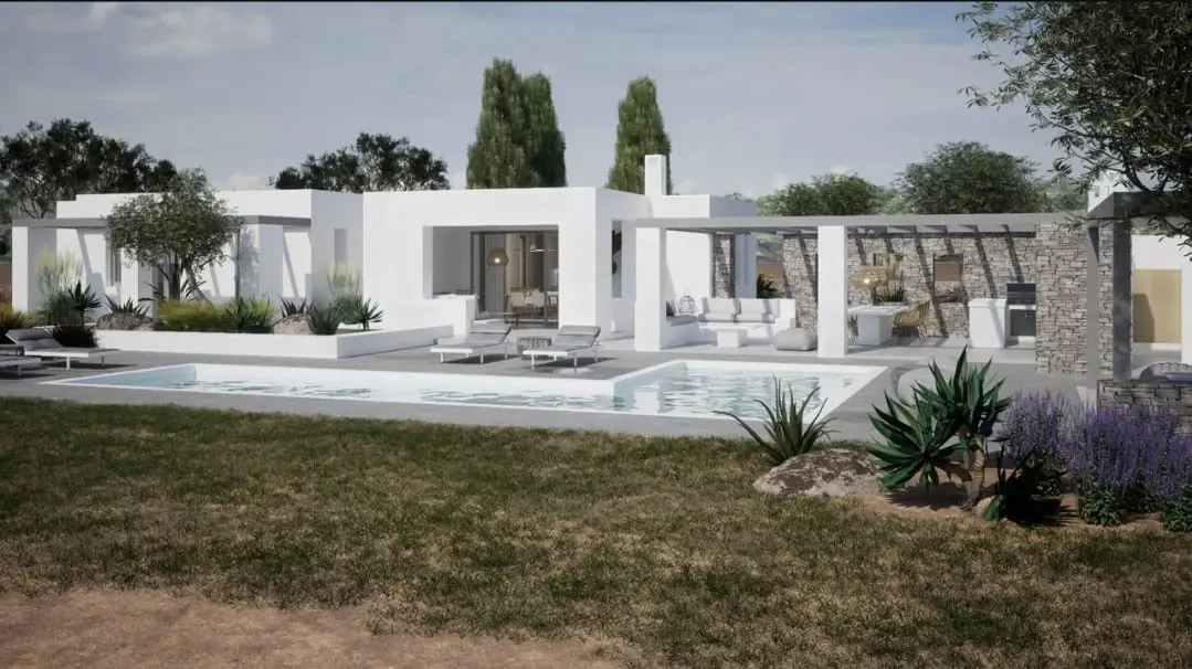 Modern white house with a pool, patio furniture, and landscaping. The house has a flat roof and large windows.