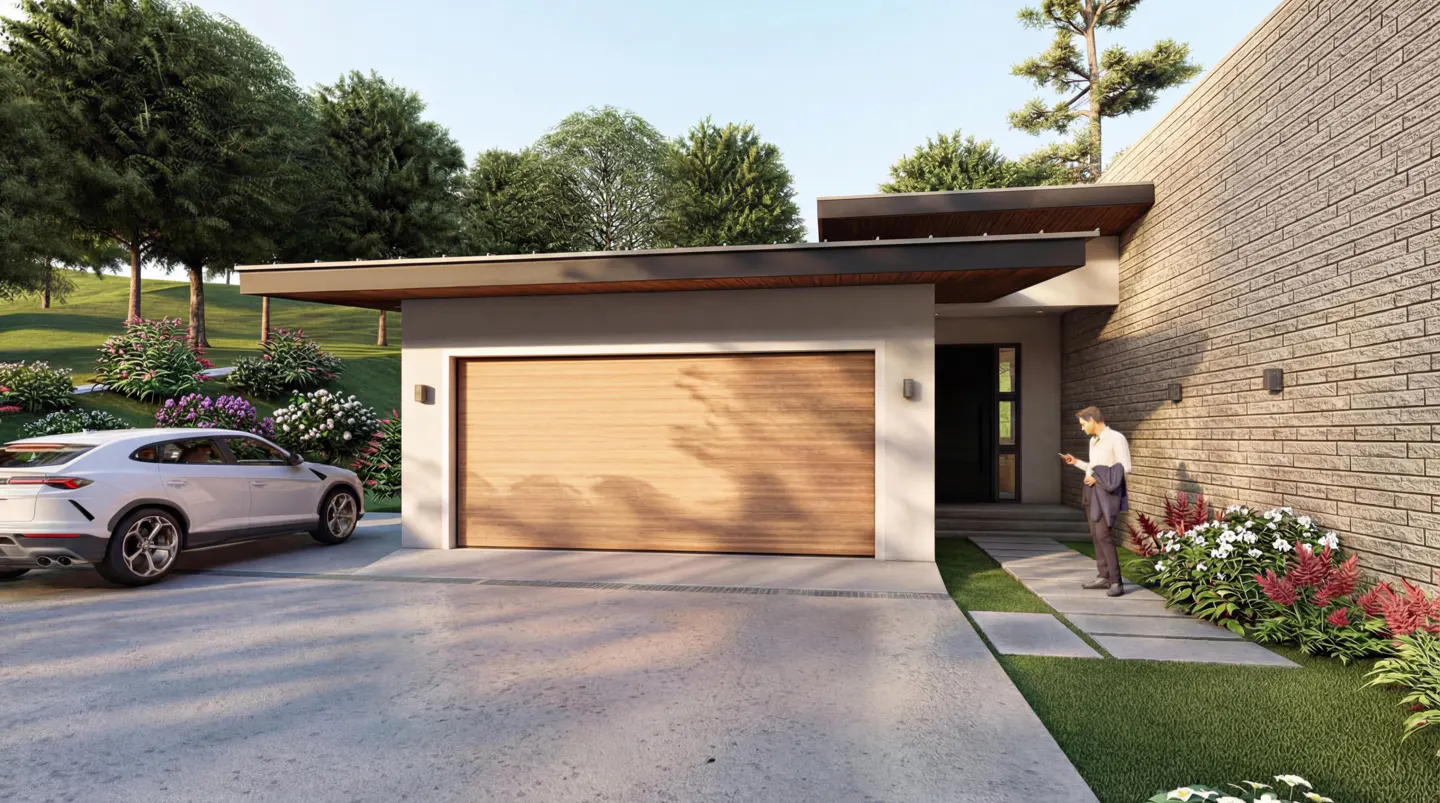 Modern home exterior with a wood garage door, brick wall, and a man standing on the walkway. A white car is parked in the driveway.