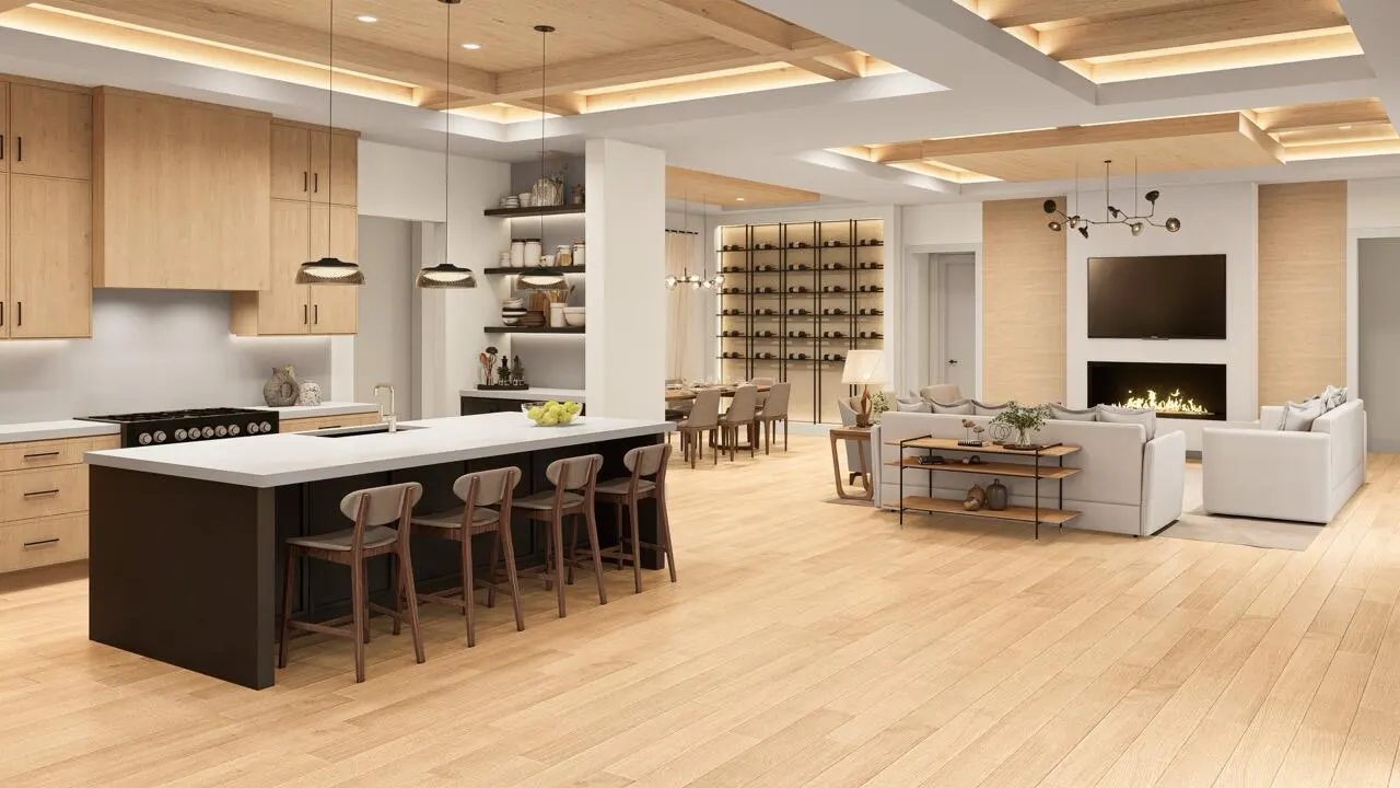 Open-concept home with a kitchen island, dining area, and living room with a fireplace and TV. Light wood floors and cabinets.