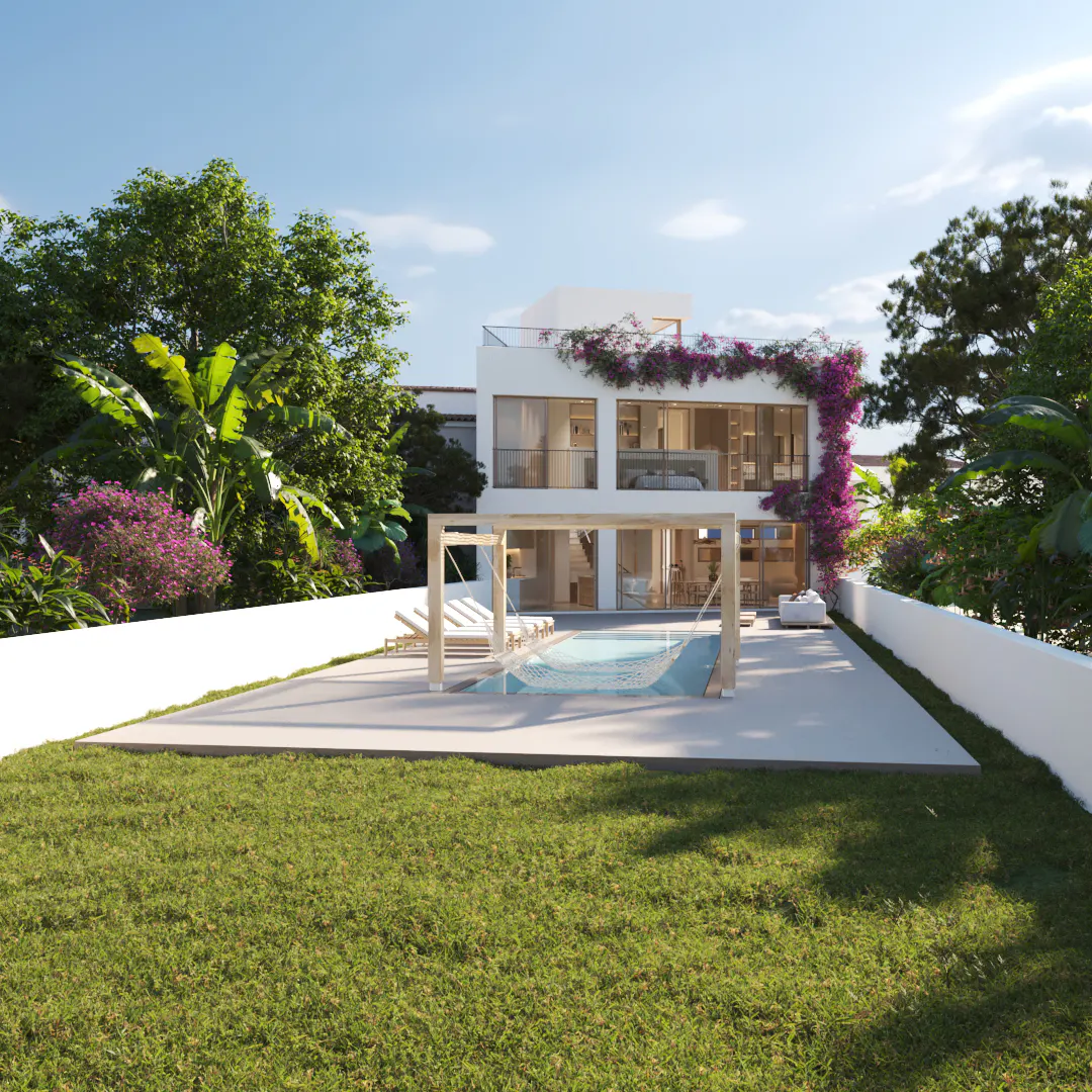 Modern white house with a pool and hammock. Purple flowers adorn the building. Green lawn and trees surround the property.