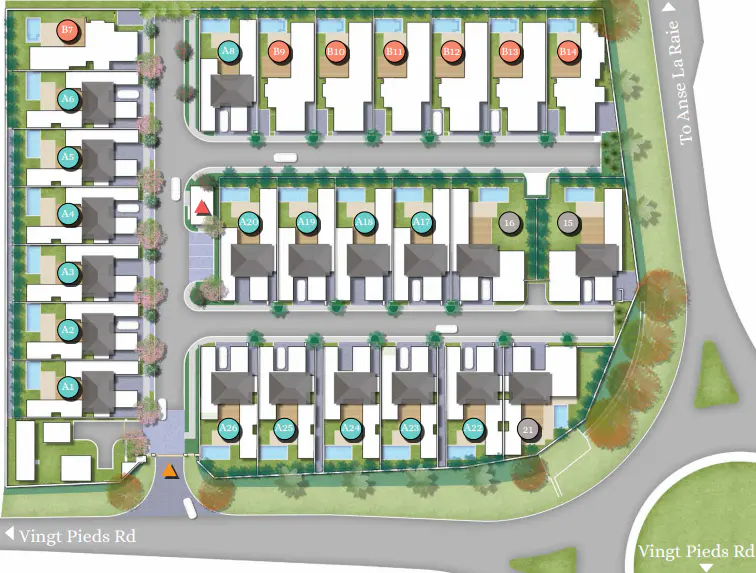 Aerial view of a residential development plan with numbered plots, pools, and landscaping. Roads are labeled "Vingt Pieds Rd" and "To Anse La Raie".