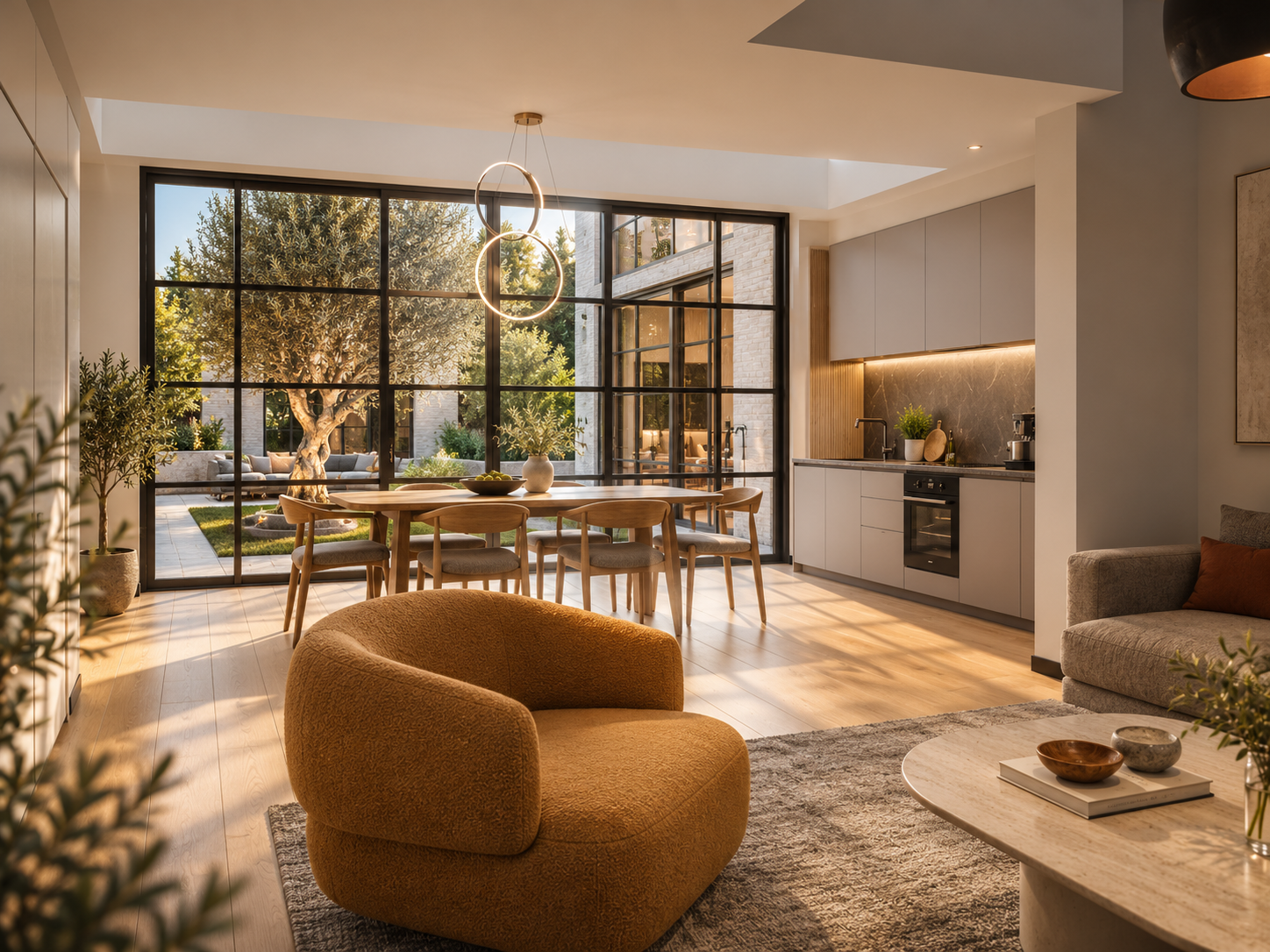 Modern open-plan living area with a mustard boucle armchair, dining set, and sleek kitchen overlooking a sunny garden. [AI-generated text] [KI-modifiziert]