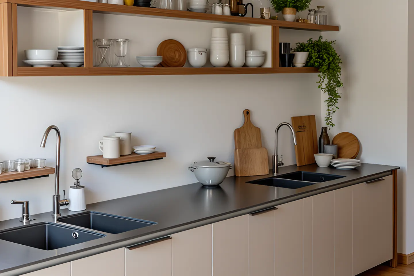 Modern kitchen with gray countertops, beige cabinets, and open wood shelves displaying dishes, glassware, and plants. Two sinks and cutting boards are visible.