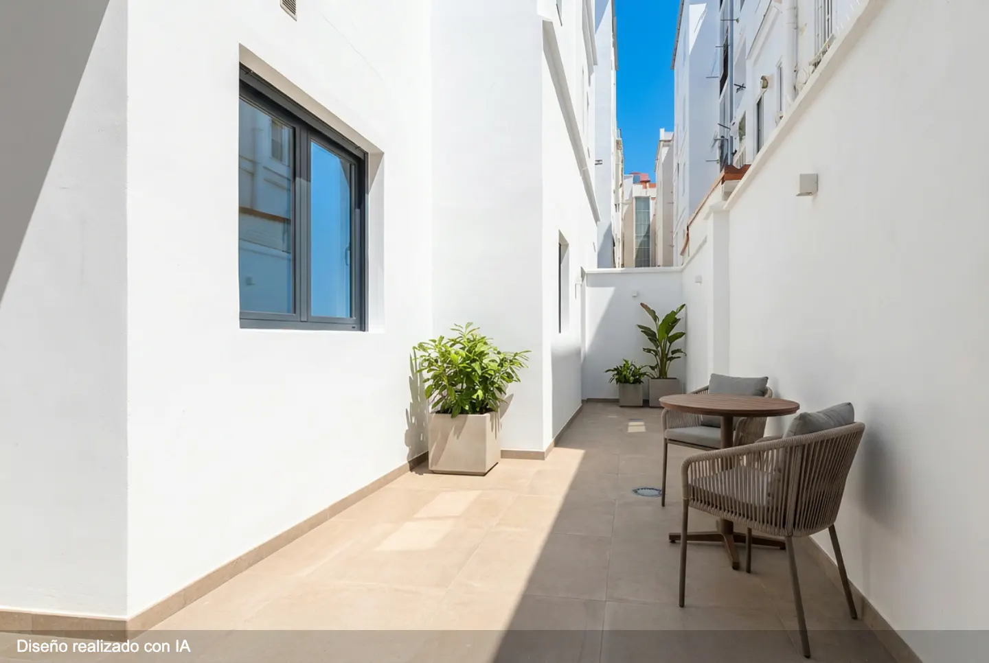 A sunlit patio with white walls, a gray window, and a table with two chairs. Potted plants add greenery to the outdoor space.