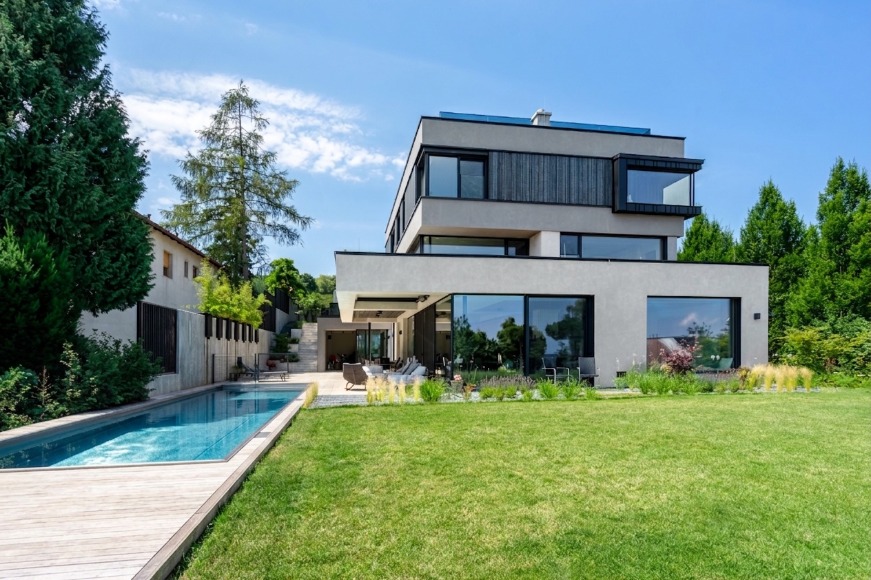 Modern three-story home with large windows, a rectangular swimming pool, and a lush green lawn under a clear blue sky. [AI-generated text]