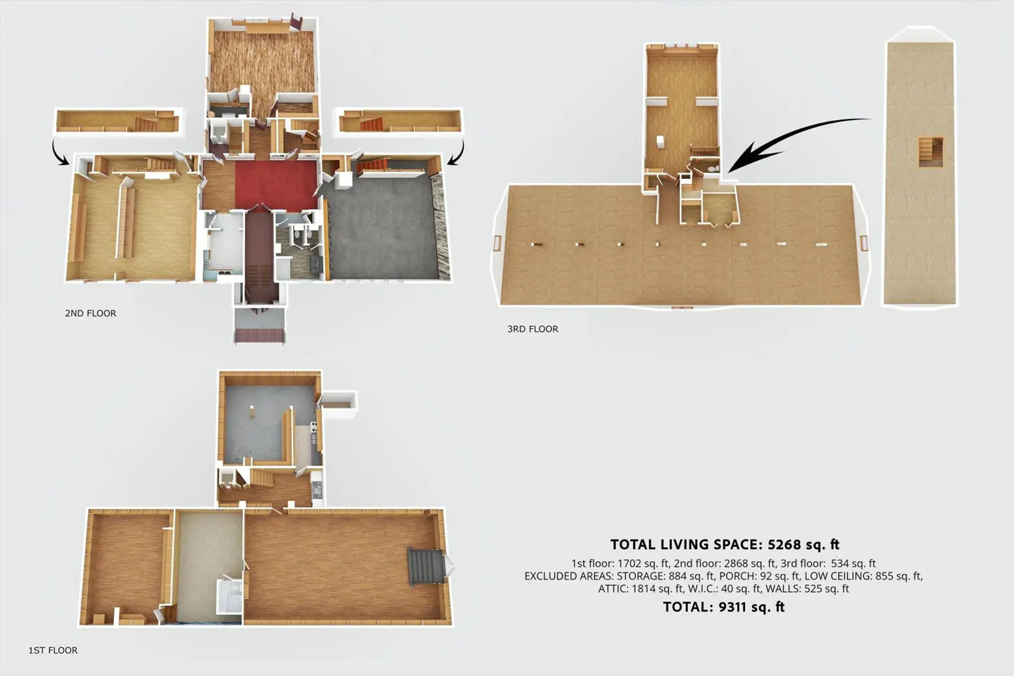 Floor plan of a three-story house with an attic, showing room layouts and total living space of 5268 sq ft.