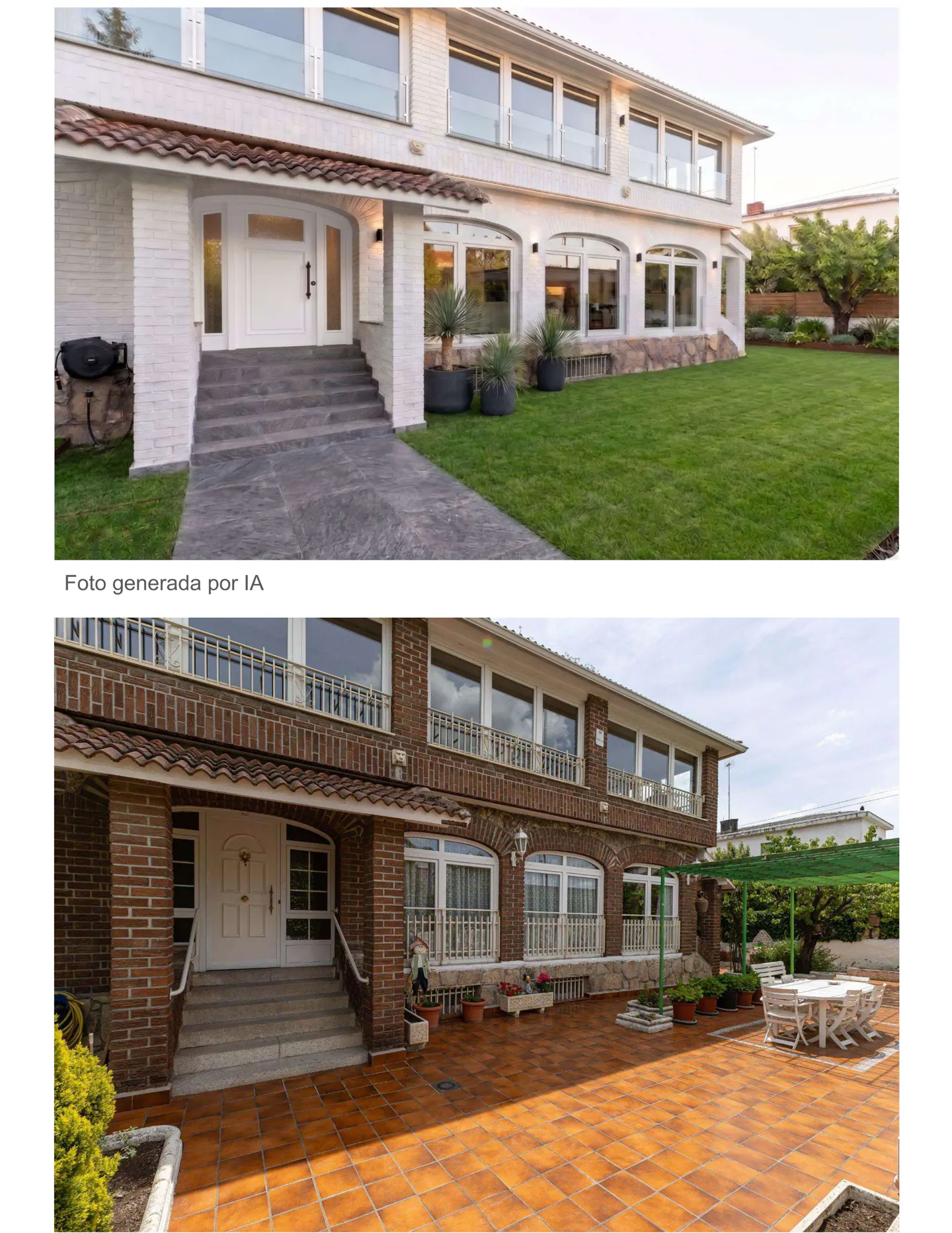 Two-story houses with white and brown brick exteriors, large windows, and outdoor spaces.