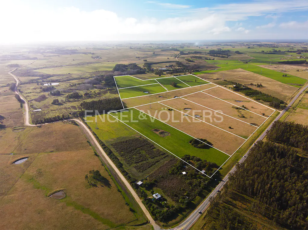 Aerial view of subdivided rural land with green and brown fields, bordered by white lines, under a blue sky.