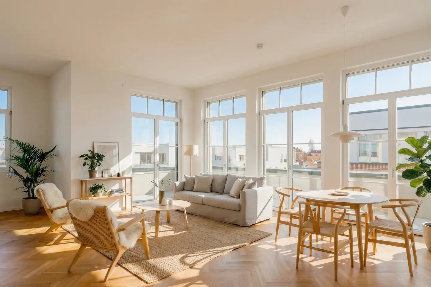 Bright, airy living room with large windows, light wood floors, and neutral furniture. Plants add a touch of green.