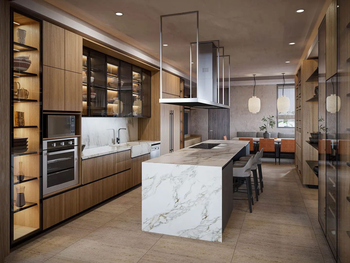 A modern kitchen with wood cabinets, marble countertops, and a stainless steel range hood.