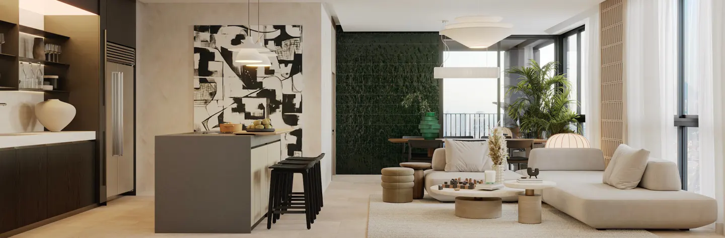 Open-concept living space with a kitchen island, black stools, and a beige sectional sofa near a large window. A black and white abstract painting hangs on the wall.