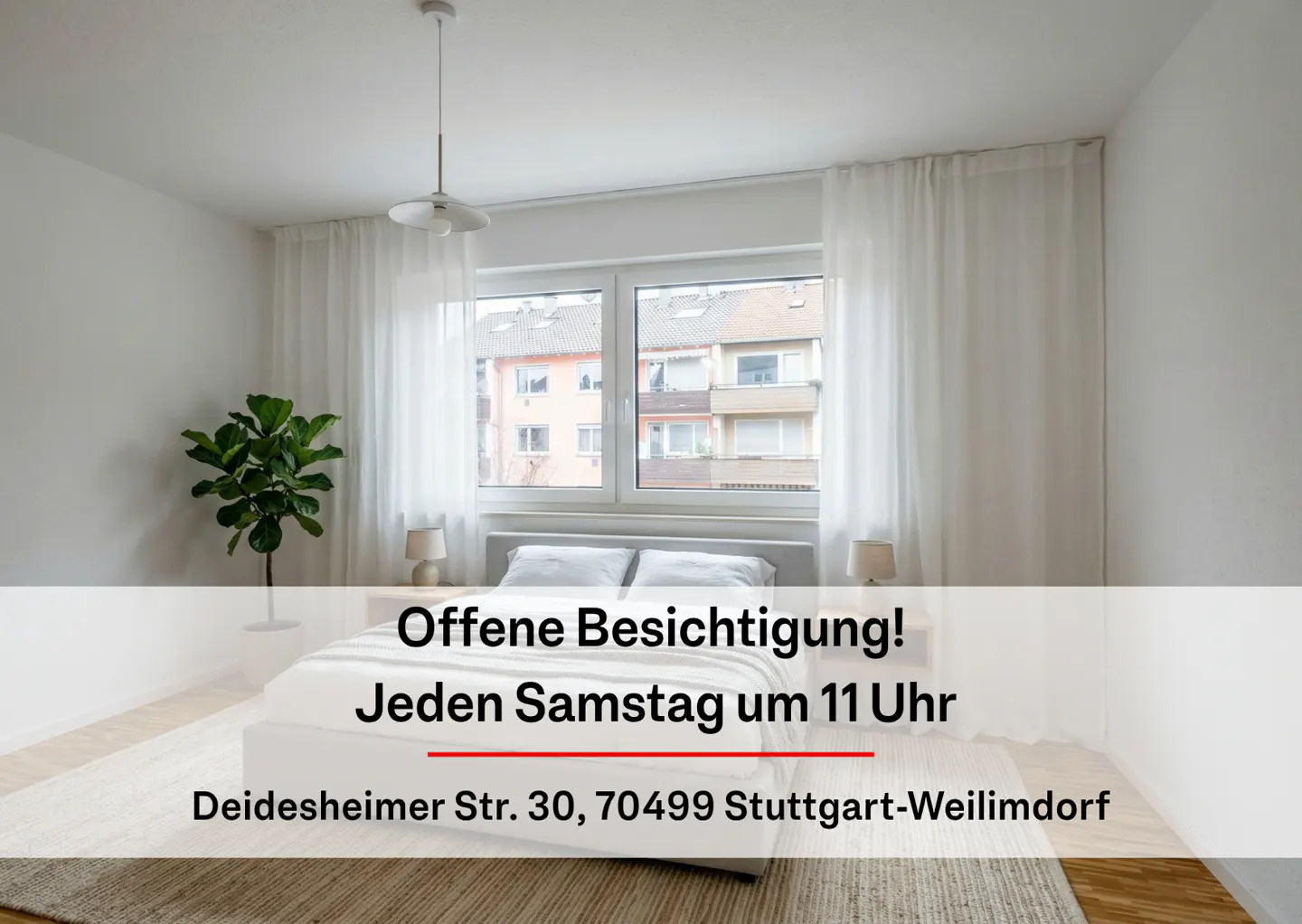 Bright bedroom with a double bed, white curtains, and a potted plant, featuring an open house invitation text overlay.