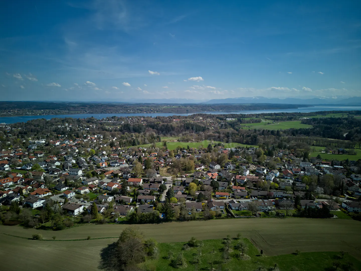 Aerial view of a suburban neighborhood with houses, trees, and green fields under a blue sky with a lake in the distance.