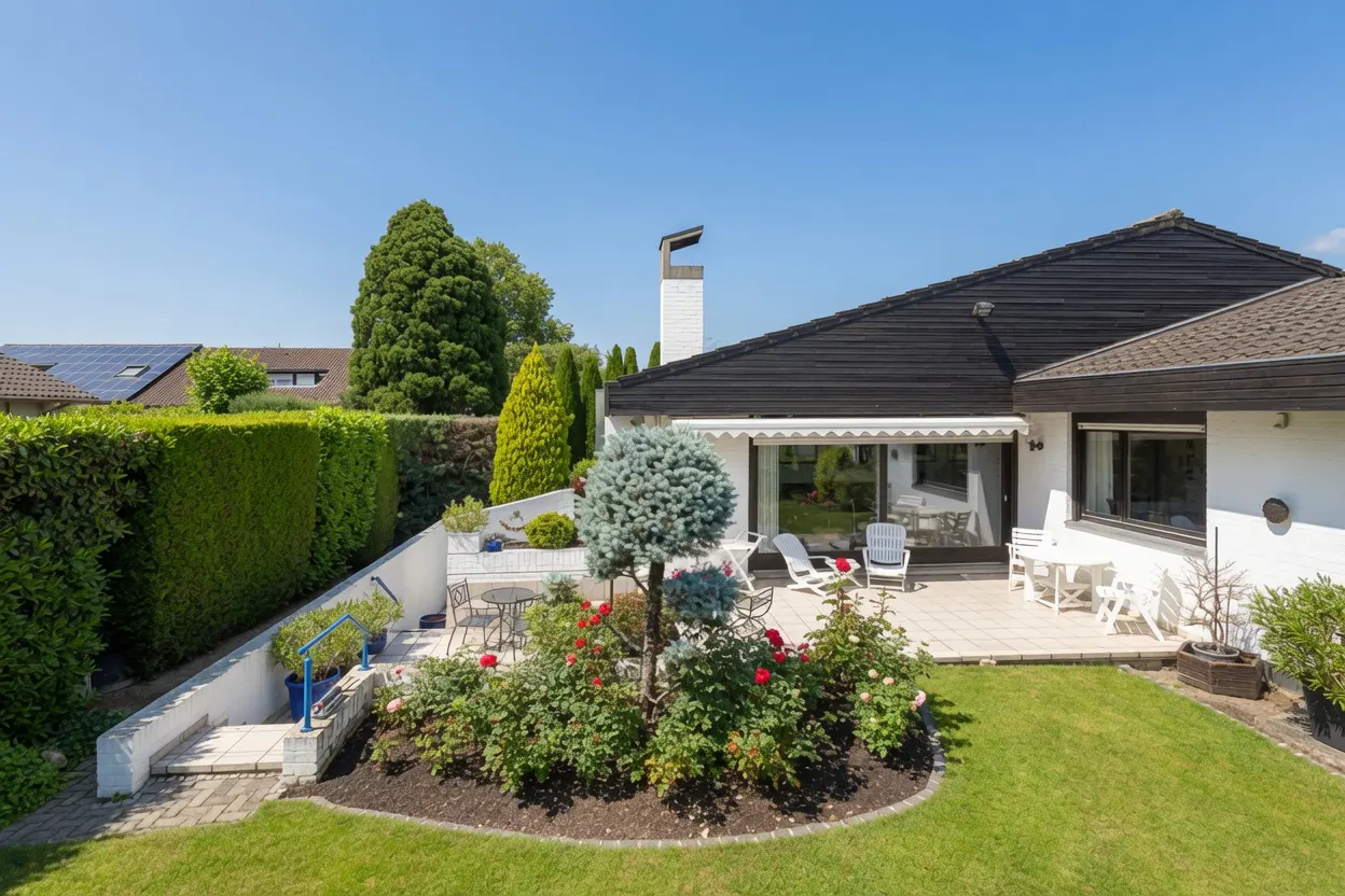 A white house with a dark roof features a tiled patio, garden furniture, and a rose garden under a clear blue sky.