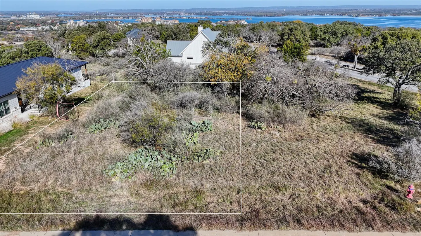 Vacant lot with white outline, overgrown with grass and cacti. Houses and lake in the background.