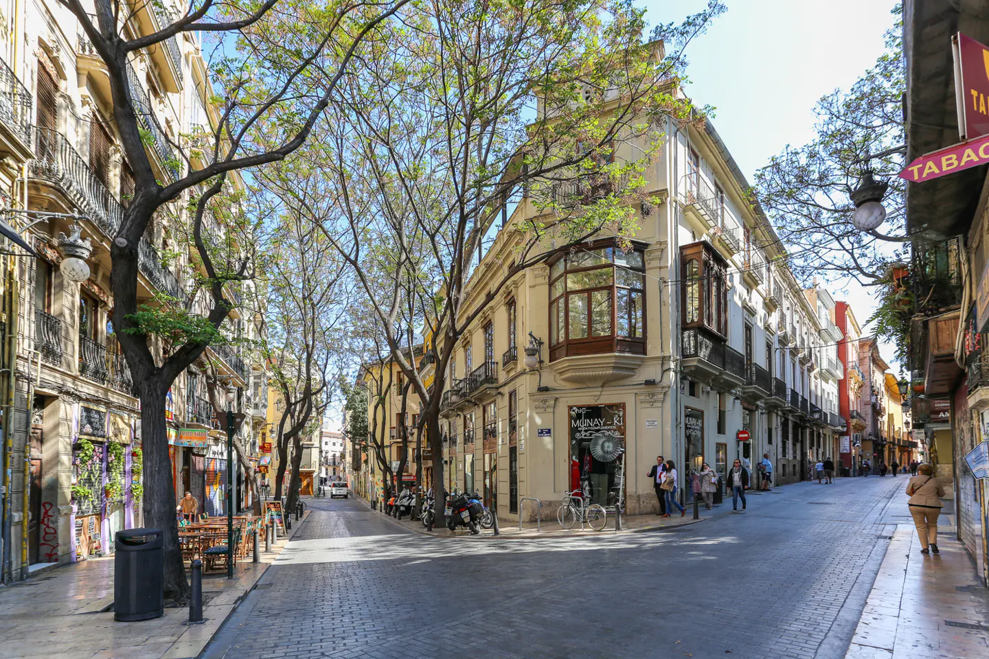 Cobblestone street view in Valencia, Spain, lined with tall buildings, trees, and pedestrians on a sunny day.