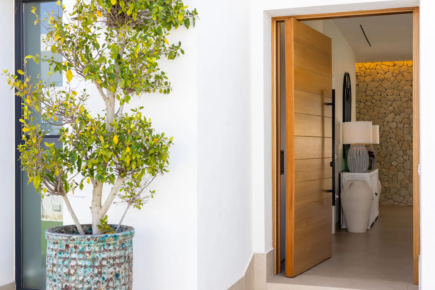 Modern home entrance with a potted tree, white walls, and an open wooden door revealing a stone accent wall.