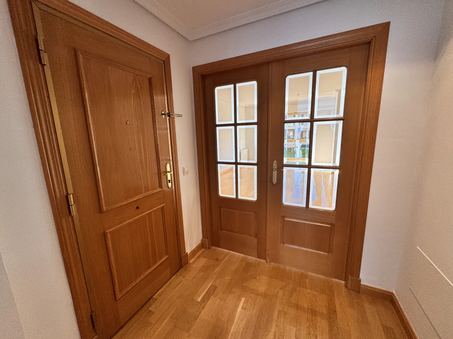 Interior view of a hallway with a wooden floor, a solid wooden door on the left, and glass paneled double doors on the right.