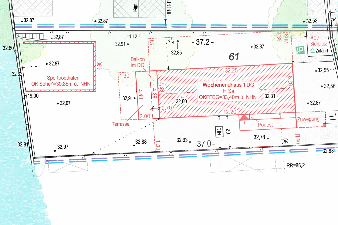 Architectural site plan showing a weekend house, terrace, and marina area with elevation markers and property dimensions.