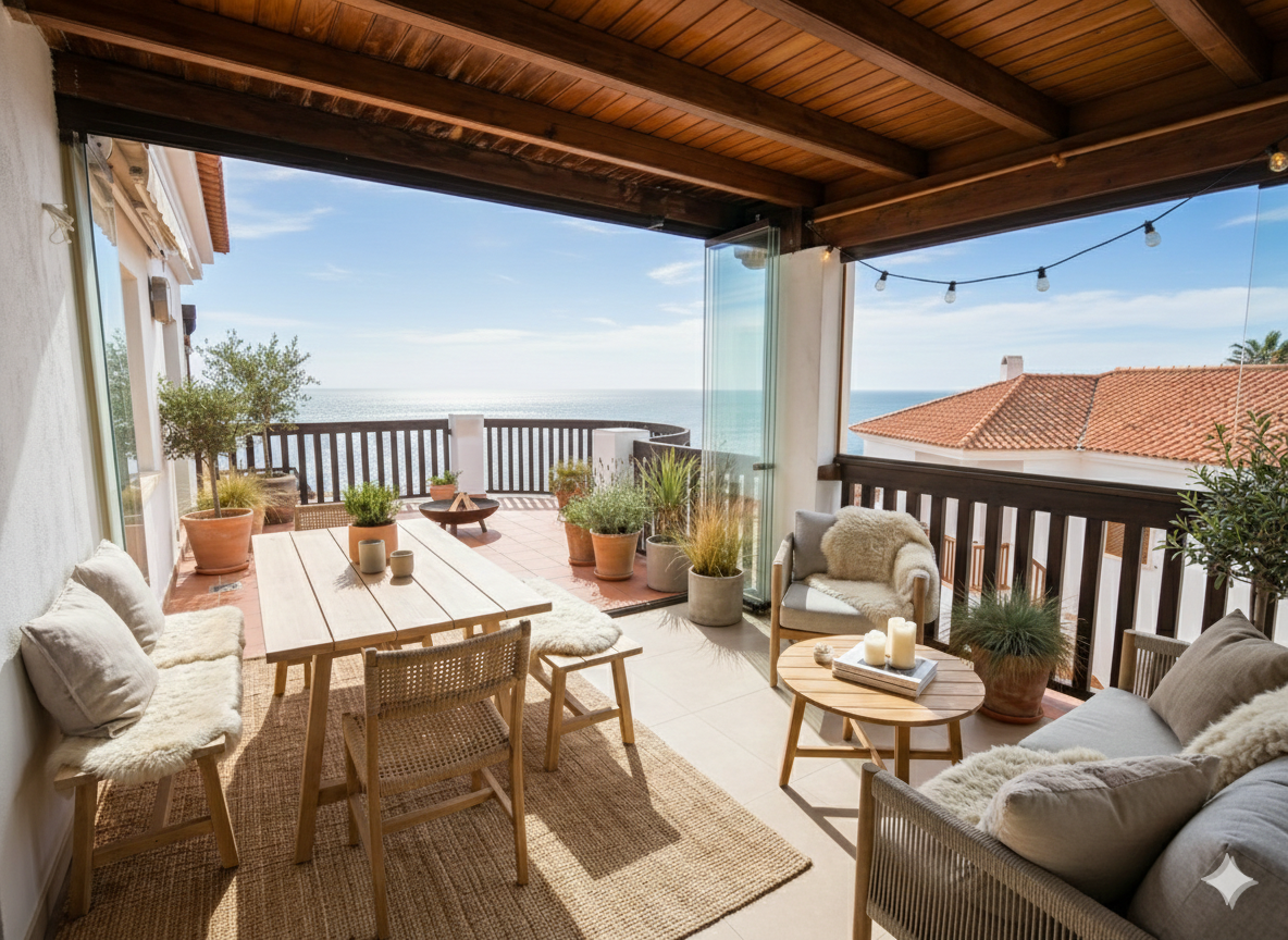 Outdoor patio with ocean view. Wood table, chairs, and sofa with pillows. Potted plants and string lights add ambiance.