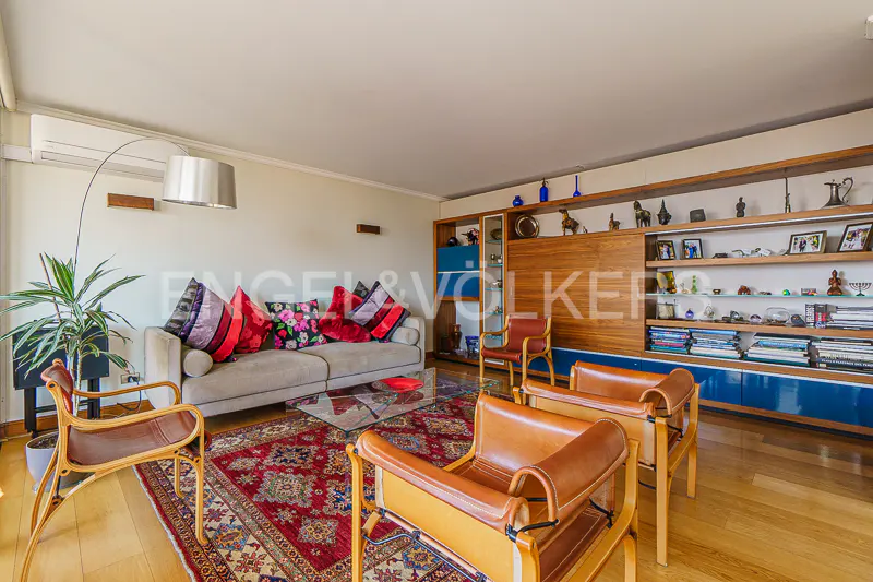 A living room with a beige sofa, colorful pillows, leather chairs, and a red patterned rug. A wooden shelf with blue accents is on the back wall.
