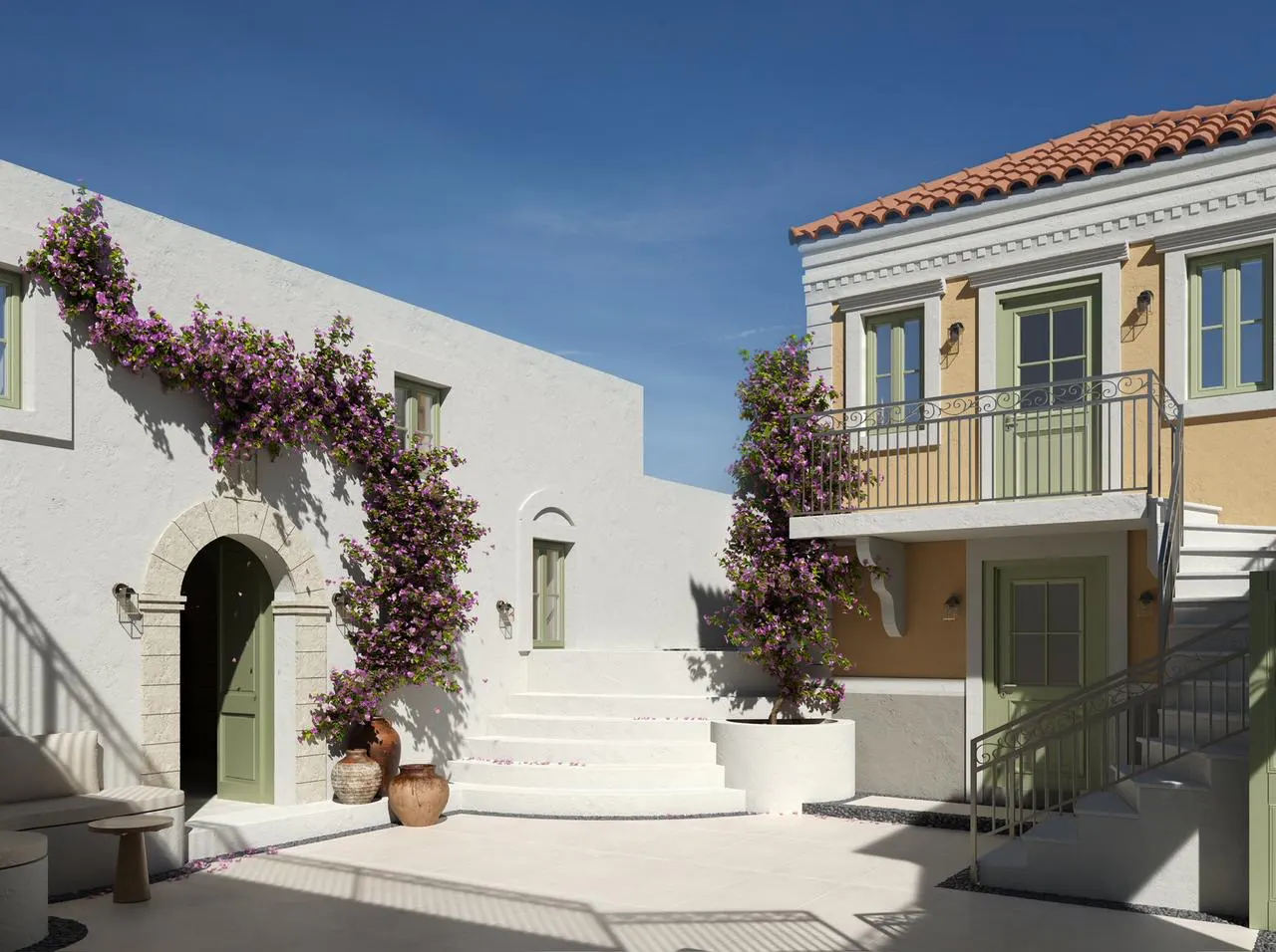 Exterior of a two-story Mediterranean-style home with white walls, green doors, and purple bougainvillea.