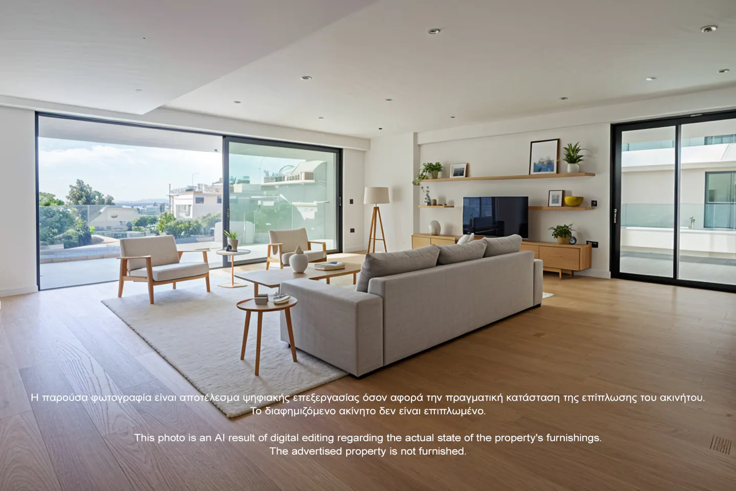Bright living room with wood floors, white walls, and large windows. A gray sofa faces a TV, with chairs and tables on a white rug.