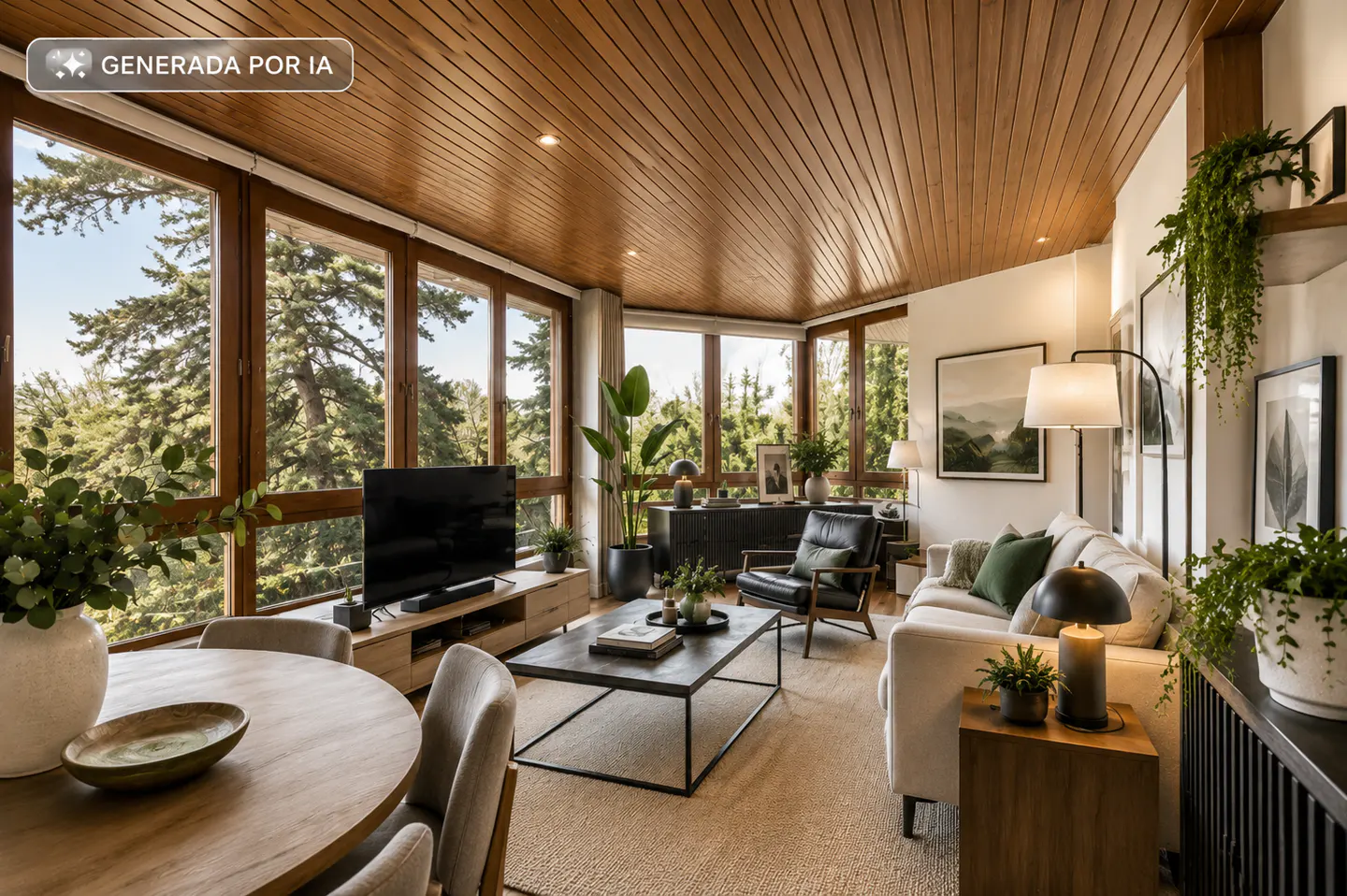 A bright living room with wood-paneled ceilings and large windows overlooking trees. A round table and chairs are in the foreground.