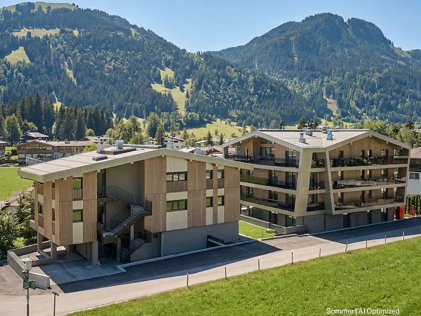 Modern apartments with wood and concrete exteriors sit against a backdrop of green, forested mountains under a clear blue sky.